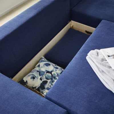 Bettkasten zu Schlafsofa Neo in Blau.